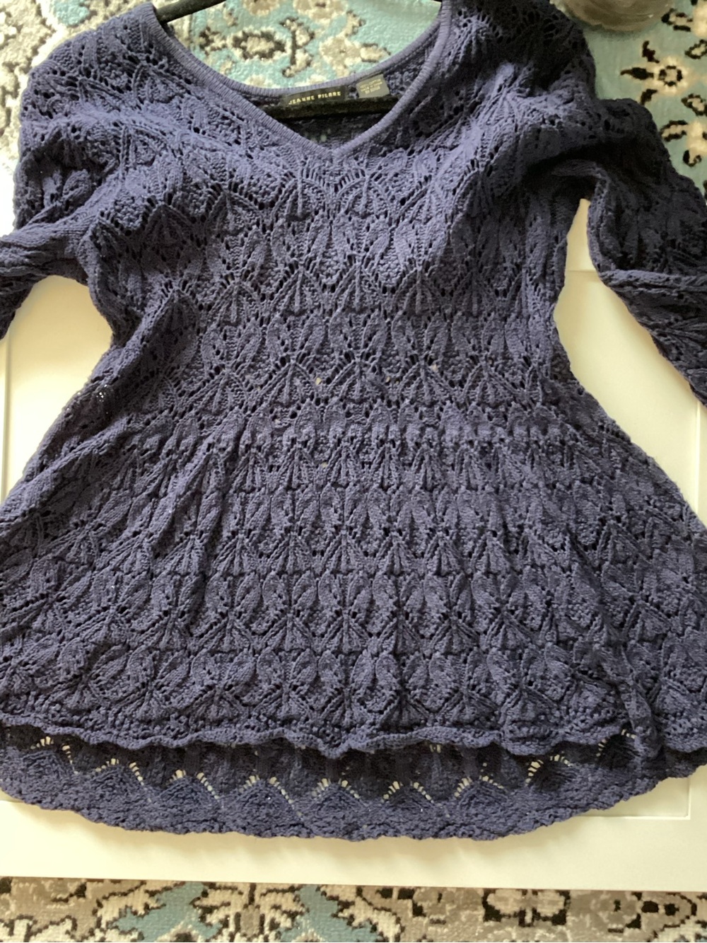 JEANNE PIERRE Lace-Pattern V-Neck Sweater in Navy